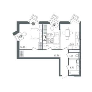 2-к квартира, вторичка, 61м2, 14/22 этаж