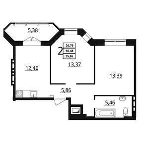 2-к квартира, сданный дом, 56м2, 6/7 этаж