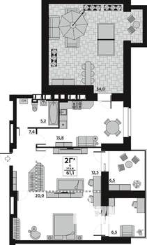 1-к квартира, вторичка, 61м2, 6/7 этаж
