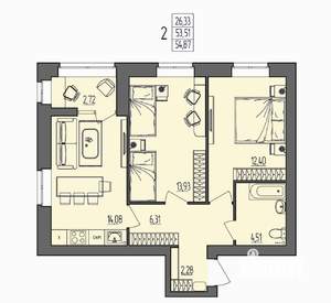 2-к квартира, вторичка, 55м2, 2/4 этаж