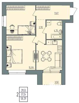 2-к квартира, вторичка, 58м2, 1/4 этаж