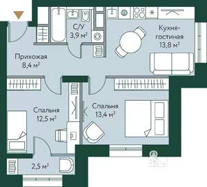 2-к квартира, строящийся дом, 55м2, 7/24 этаж