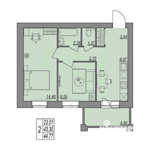 2-к квартира, строящийся дом, 45м2, 4/7 этаж