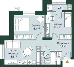 2-к квартира, вторичка, 54м2, 22/24 этаж