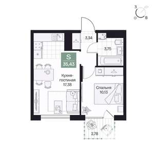 1-к квартира, вторичка, 35м2, 4/9 этаж