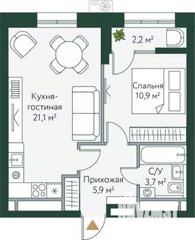 1-к квартира, вторичка, 44м2, 21/24 этаж