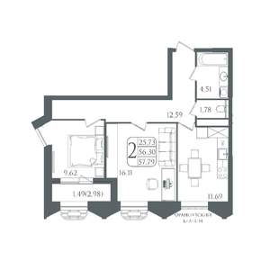 2-к квартира, вторичка, 58м2, 7/21 этаж