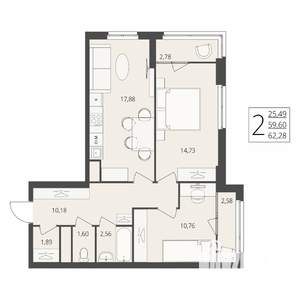 2-к квартира, вторичка, 62м2, 9/17 этаж