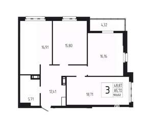 3-к квартира, вторичка, 90м2, 2/18 этаж