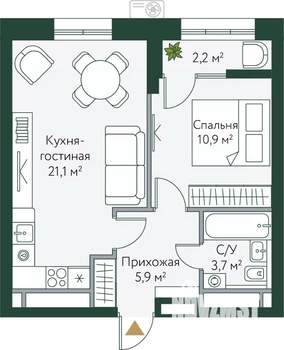 1-к квартира, вторичка, 44м2, 19/24 этаж