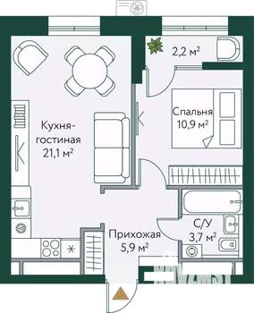 1-к квартира, вторичка, 44м2, 22/24 этаж