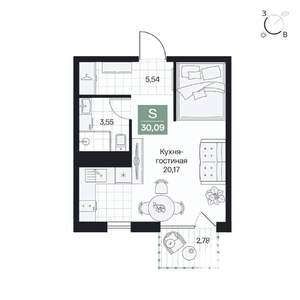 Студия квартира, вторичка, 30м2, 6/9 этаж