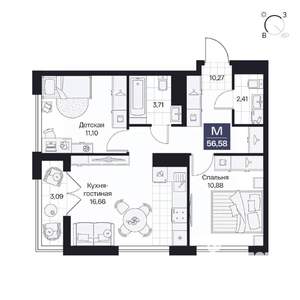 2-к квартира, вторичка, 57м2, 5/10 этаж