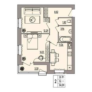 2-к квартира, вторичка, 54м2, 2/3 этаж
