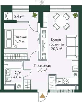 1-к квартира, вторичка, 44м2, 12/24 этаж
