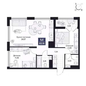 2-к квартира, вторичка, 63м2, 7/10 этаж
