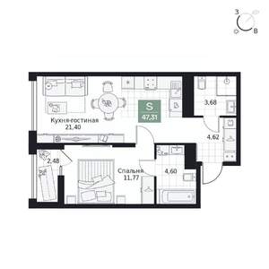 1-к квартира, вторичка, 47м2, 6/9 этаж