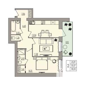 2-к квартира, вторичка, 58м2, 1/3 этаж