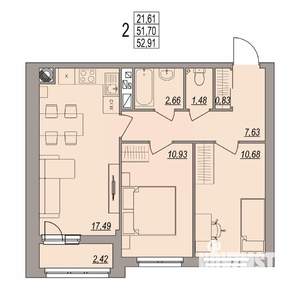 2-к квартира, вторичка, 53м2, 5/6 этаж