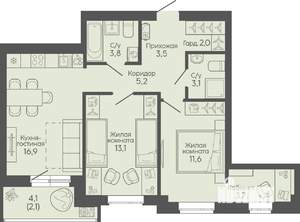 2-к квартира, вторичка, 65м2, 4/19 этаж