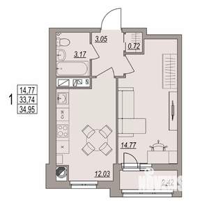 1-к квартира, вторичка, 35м2, 1/6 этаж