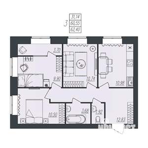 3-к квартира, вторичка, 62м2, 2/10 этаж