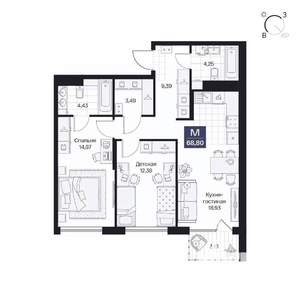 2-к квартира, вторичка, 69м2, 6/10 этаж