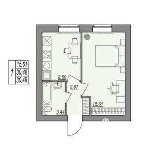 1-к квартира, строящийся дом, 30м2, 1/7 этаж