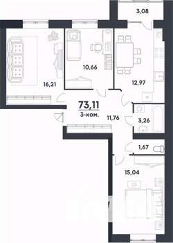 3-к квартира, строящийся дом, 73м2, 3/4 этаж