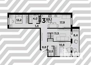 3-к квартира, сданный дом, 78м2, 5/9 этаж