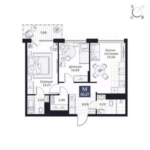 2-к квартира, вторичка, 60м2, 6/9 этаж