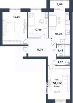 3-к квартира, строящийся дом, 74м2, 4/4 этаж