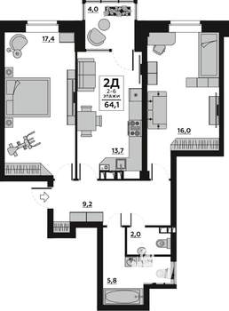 2-к квартира, вторичка, 64м2, 6/6 этаж
