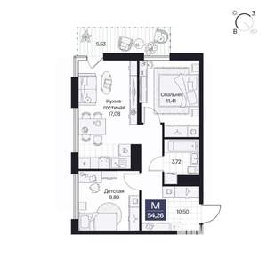 2-к квартира, вторичка, 54м2, 6/10 этаж