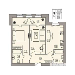 2-к квартира, вторичка, 56м2, 1/3 этаж