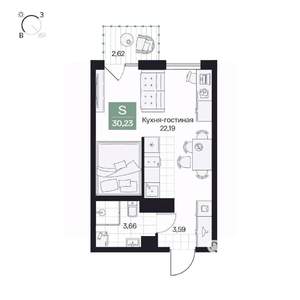 Студия квартира, вторичка, 30м2, 3/10 этаж