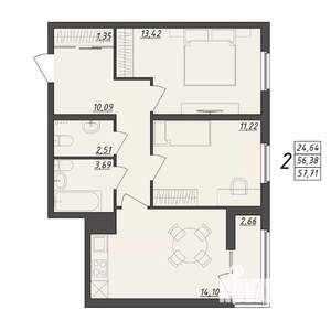 2-к квартира, вторичка, 58м2, 3/10 этаж