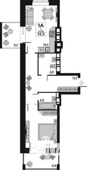 1-к квартира, вторичка, 43м2, 3/7 этаж