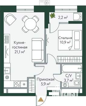 1-к квартира, вторичка, 44м2, 22/24 этаж