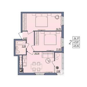 2-к квартира, вторичка, 49м2, 9/10 этаж