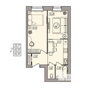 2-к квартира, вторичка, 43м2, 3/3 этаж