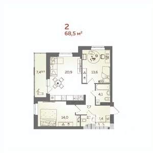 2-к квартира, вторичка, 69м2, 14/21 этаж