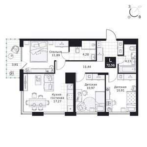 3-к квартира, вторичка, 72м2, 4/9 этаж