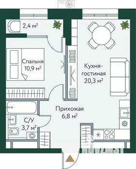 1-к квартира, вторичка, 44м2, 16/24 этаж