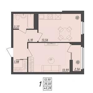 1-к квартира, вторичка, 40м2, 4/10 этаж