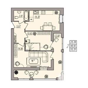 2-к квартира, вторичка, 55м2, 1/3 этаж