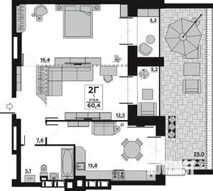 2-к квартира, вторичка, 60м2, 1/7 этаж