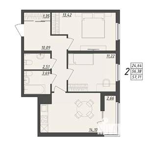 2-к квартира, вторичка, 58м2, 4/10 этаж