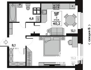 1-к квартира, вторичка, 40м2, 3/19 этаж