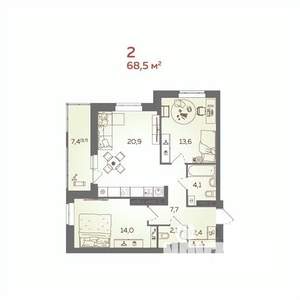 2-к квартира, вторичка, 69м2, 20/21 этаж